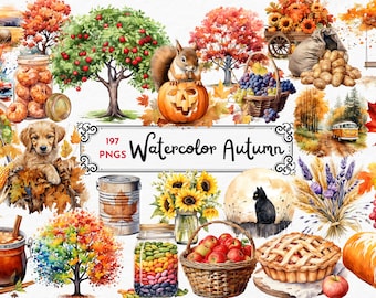 Watercolor Fall Decor Clipart - autumn watercolor in PNG format instant download for commercial use, Fall scenery, fall Landscape, Cozy
