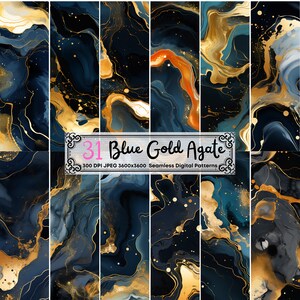 Blue Gold Watercolor Agate Digital Paper, Seamless Texture Background, Scrapbook Paper, Instant Download, Commercial Use