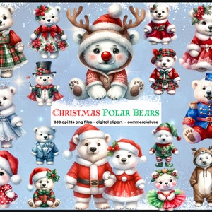 Kerst ijsberen clipart - schattige baby dieren in outfits, Kerstmis, Kerstman, feestelijk, familie, vakantie, in PNG-formaat voor commercieel gebruik