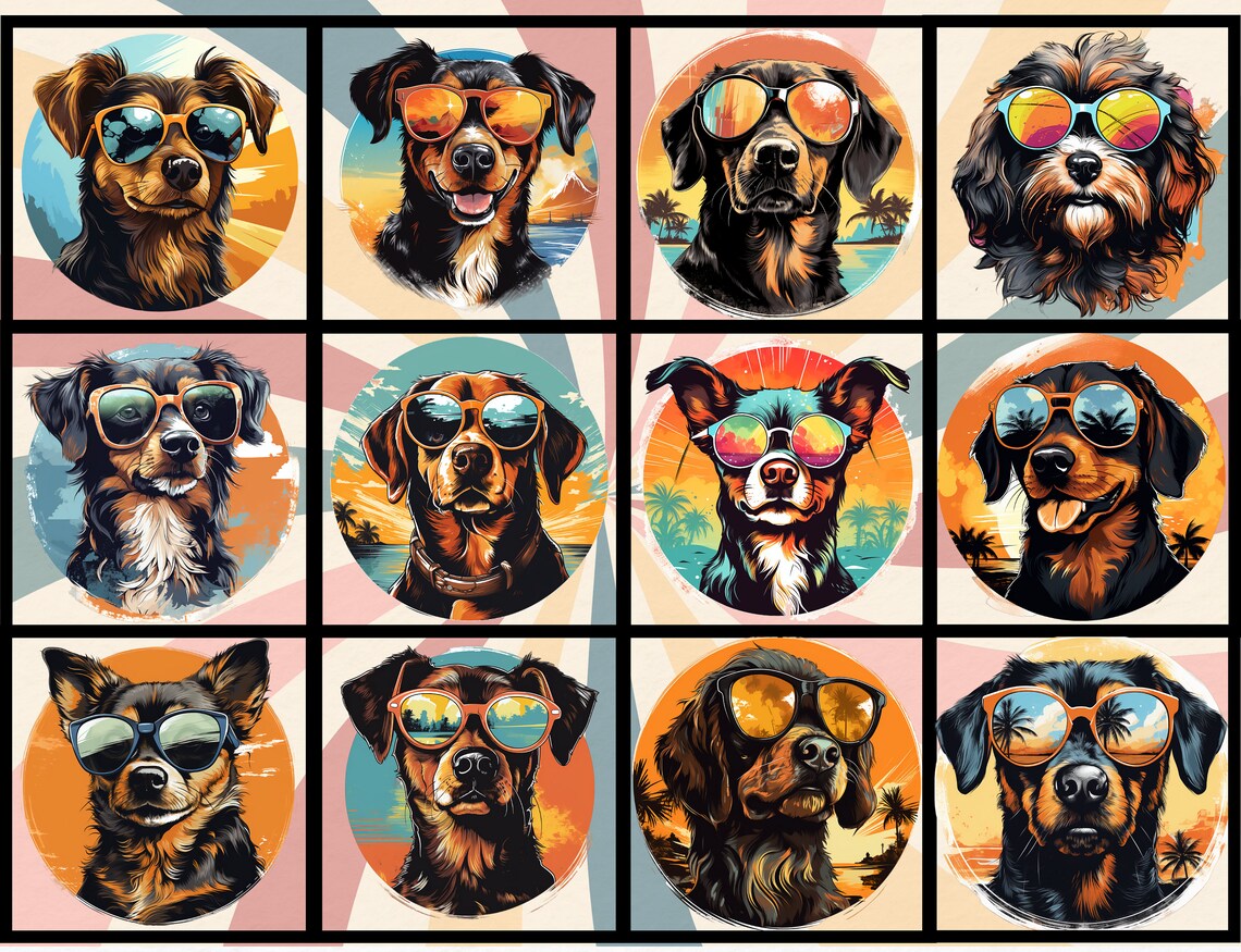 Dog Sunglasses Clipart | Retro | PNG | Cute | Watercolor | Commercial ...