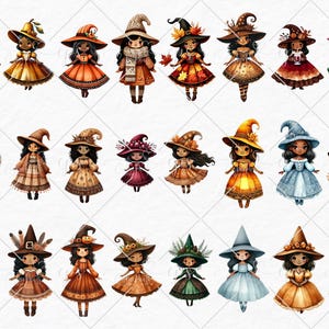 May include: A set of 24 digital illustrations of cute witches wearing various fall-themed outfits and hats. The witches have brown hair and are wearing dresses, skirts, and boots. Some of the witches are holding brooms, pumpkins, or other fall-themed items.