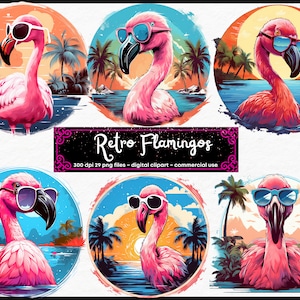 Flamingo Sunglasses Clipart | Retro | PNG | Cute | Watercolor | Commercial Use | Instant Download, Pink, Sunset, Palm trees