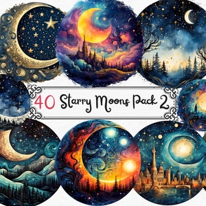 Starry Night Moon ClipArt PNG para uso comercial Arquivos PNG para sublimação Folha de colagem digital Download instantâneo