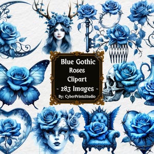 Blue Gothic Rose Clipart Bundle with 283 PNG Images Featuring Dark Fantasy Florals, Skulls, Crowns, and Moon Decor for Sublimation Crafts