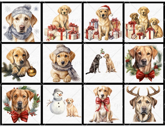 水彩画の冬のラブラドール レトリバー、子犬のクリスマス ラブラドール