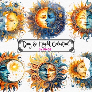 Celestial Clipart Bundle, Sun Clip Art, Mystical Clipart, Commercial Use, Instant Digital Download, Celestial Sun and moon, day and night