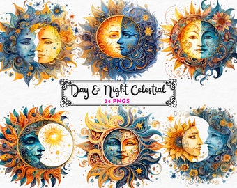 Celestial Clipart Bundle, Sun Clip Art, Mystical Clipart, Commercial Use, Instant Digital Download, Celestial Sun and moon, day and night