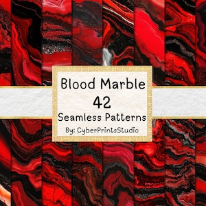 May include: A collection of 42 seamless patterns with a blood marble design. The patterns feature swirling red and black colors, creating a marbled effect. The text "Blood Marble 42 Seamless Patterns" is displayed in a gold frame.