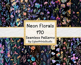 Neon Floral Digital Paper Bundle – 170 Seamless Watercolor Flower Patterns with Black Backgrounds for Sublimation and Crafting, Card Making
