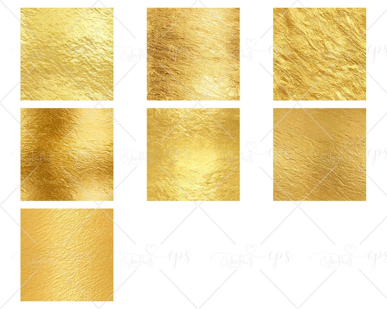 May include: Seven square images showcasing various textures of gold foil. The gold foil textures vary in appearance, with some appearing smooth and others more wrinkled. The images are arranged in a grid-like pattern, offering a range of golden backgrounds.