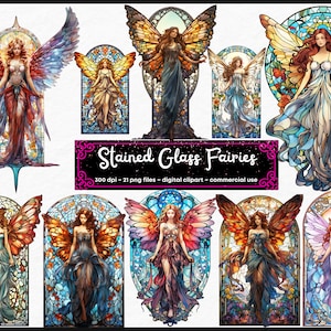 Vidrieras Hadas Clipart Fantasía Hada Vidrio Fairyland alas estilo etéreo brillante vidrio encantado ilustraciones novedosas