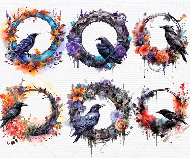 Crow Frame Watercolor Crow Wreaths Clipart, Gothic Frames, Steampunk Frames ...