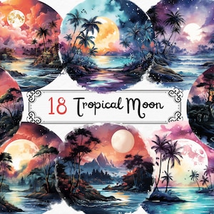 Watercolor Tropical Moon Clipart Wall art, digital graphics, beach landscape for commercial use instant download commercial use