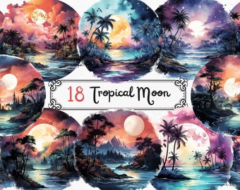 Watercolor Tropical Moon Clipart Wall art, digital graphics, beach landscape for commercial use instant download commercial use