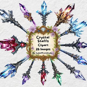 Aquarell Stab Clipart - 26 Fantasy Zauberstab PNGs für RPG, magisches Dekor, Hexerei Designs, Sublimation, druckbare Kunst, Junk Journal