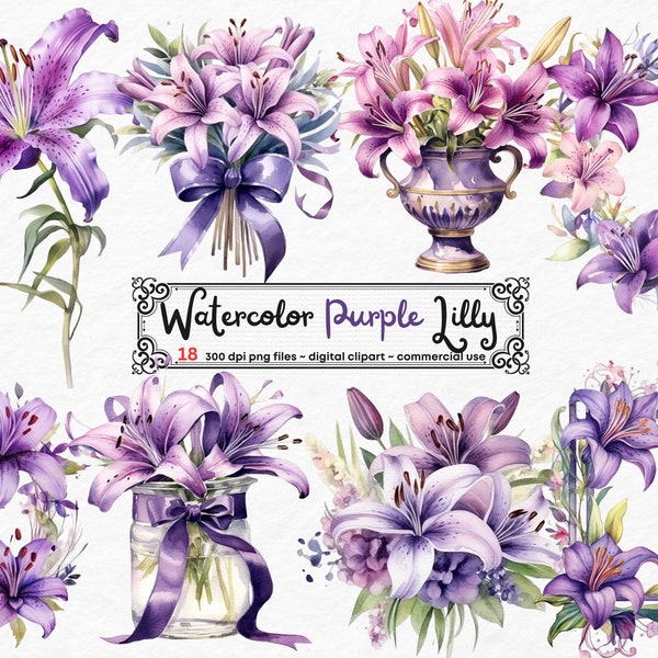 Watercolor Purple Lilly Clipart - Purple Lillies in PNG format instant download for commercial use, Lilly Vase, Lilly scrapbooking