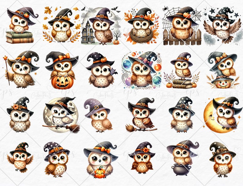 Witch Owls Clipart, Halloween Owl Art, Cute Owl, Fall Digital Art ...