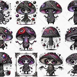 May include: A digital illustration of 10 whimsical mushroom characters with intricate details. Each mushroom has a unique design with a dark color scheme, featuring black, purple, and red accents. The mushrooms have eyes, mouths, and other facial features, giving them a playful and slightly spooky appearance.