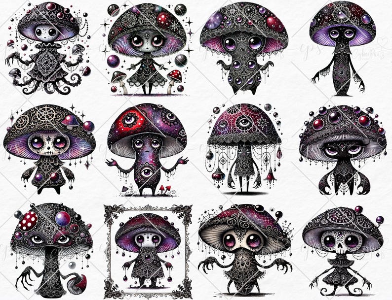 May include: A digital illustration of 10 whimsical mushroom characters with intricate details. Each mushroom has a unique design with a dark color scheme, featuring black, purple, and red accents. The mushrooms have eyes, mouths, and other facial features, giving them a playful and slightly spooky appearance.