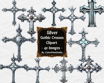 May include: A collection of silver gothic crosses with ornate designs. The crosses vary in style, featuring intricate details and embellishments. A framed text box reads "Silver Gothic Crosses Clipart - 42 Images".