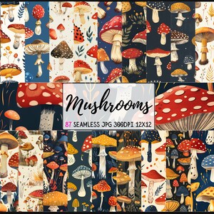 Aquarelle champignons motifs transparents - champignons papier numérique - champignon vénéneux - 30,5 x 30,5 cm - usage commercial - modèles de champignons vintage