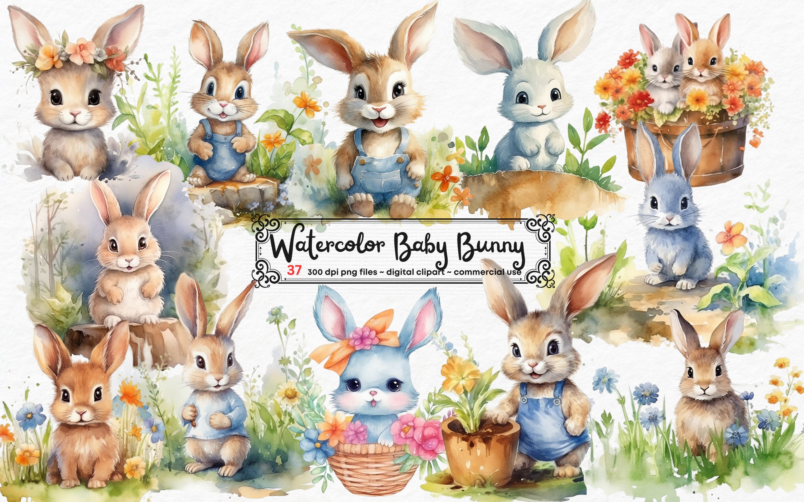 Spring Watercolour Rabbits PNG Watercolor Floral Rabbits Clipart, Rabbit Clip Art Watercolour ...