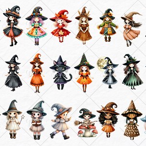 May include: A set of 28 digital illustrations of cute witches in various poses and outfits. The witches are wearing colorful hats, dresses, and accessories. Some witches are holding brooms, wands, and other magical items. The illustrations are perfect for Halloween crafts, scrapbooking, and other creative projects.