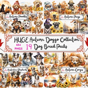 Große Sammlung, Aquarell Hunde im Herbst, Halloween Hunde im Herbst, Instant download, Junk Journal, gemütliche Hunde, digitaler Download