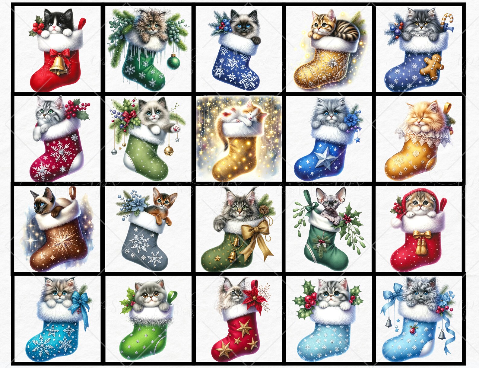 Christmas Kitten Stocking, Cute Watercolor Cat Clipart, Holiday ...