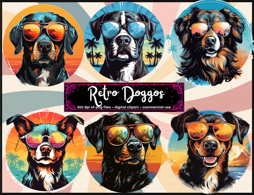 Dog Sunglasses Clipart | Retro | PNG | Cute | Watercolor | Commercial ...