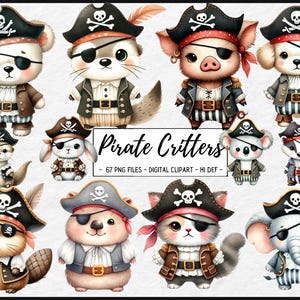 Pirate Animals Clipart - Cute Pirate Critters PNG - Digital Download for Kids Party, Stickers, Invitations, Crafts, Nursery Art, Sublimation