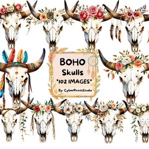Boho Bull Skull Clipart Bundle with 102 Watercolor PNG Images of Floral Cow Skulls for Western Decor, Sublimation, Stickers, and Crafts