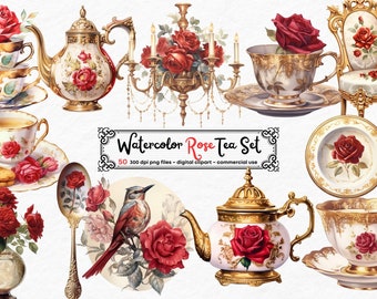 Watercolor Rose Tea Clipart, Rose tea cups, garden tea clip art PNG graphics instant download for commercial use