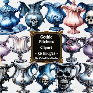 Pacchetto di clipart PNG con brocche ad acquerello gotiche - Brocche con teschi, ali di pipistrello, servizi da tè floreali, versatori per candele, estetica gotica vintage, scrapbooking