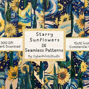 Pacote de padrões sem emendas de girassóis estrelados, 26 papéis digitais inspirados em Van Gogh para sublimação, scrapbooking, adesivos e artesanato