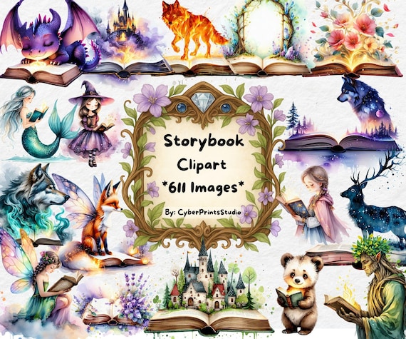 Watercolor Storybook Clipart Bundle - 611 Fantasy Book Illustrations, Fairytale Elements, Open Book PNGs for Sublimation and Crafts