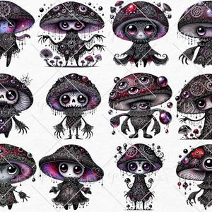 May include: Twelve digital illustrations of whimsical mushroom characters with intricate details. Each mushroom has a unique personality and features a dark color palette with purple, black, and white accents.