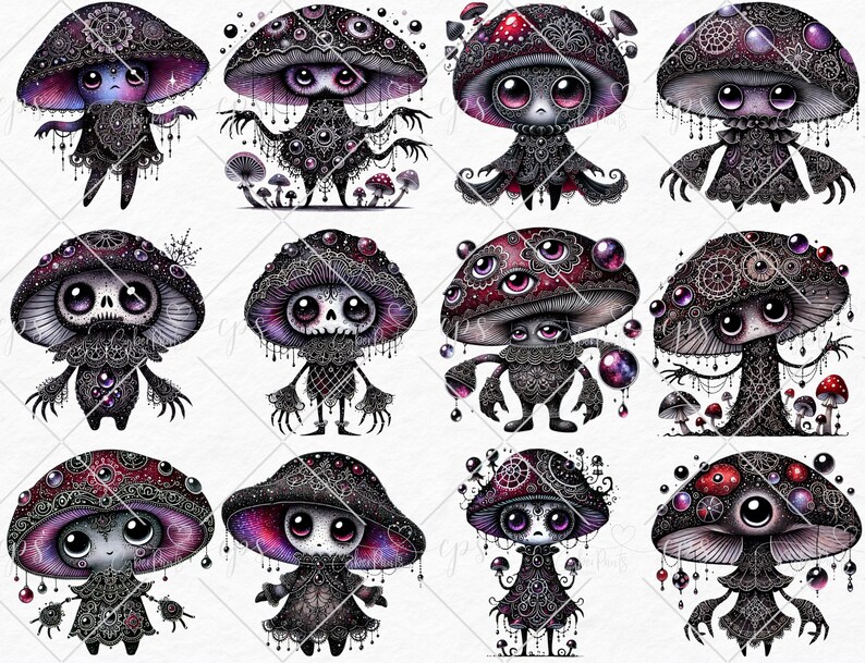 May include: Twelve digital illustrations of whimsical mushroom characters with intricate details. Each mushroom has a unique personality and features a dark color palette with purple, black, and white accents.