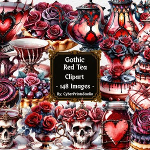 Clipart di tè floreale rosso gotico - 167 PNG acquerellati con tazze da tè a forma di teschio, rose scure, torte, candele, macaron, teiere, cornici e cucchiai