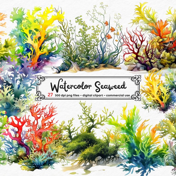 Ocean Seaweed Underwater watercolor clip art, water plants, seaware, fishes, sea, nautical, undersea, aquarium, alga, Instant Download