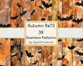 Autumn Bat Digital Paper Pack – 38 Halloween Seamless Patterns with Glitter Bats, Fall Trees, and Spooky Forest Backgrounds, Card Making
