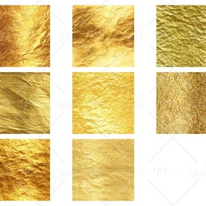 May include: A collection of eight square images showcasing various textures of gold foil. The foil appears crumpled and reflective, with variations in tone from light to dark gold. The images are suitable for digital design or backgrounds.