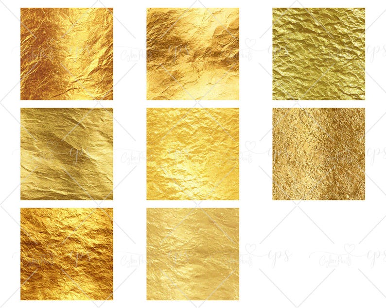 May include: A collection of eight square images showcasing various textures of gold foil. The foil appears crumpled and reflective, with variations in tone from light to dark gold. The images are suitable for digital design or backgrounds.