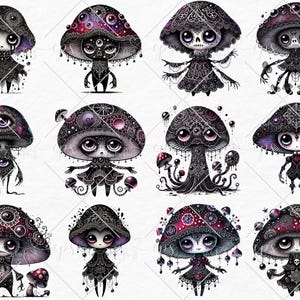 May include: A set of 10 digital illustrations of whimsical mushroom characters with intricate details and dark colors. Each mushroom has a unique design and expression, with some wearing clothing and accessories.
