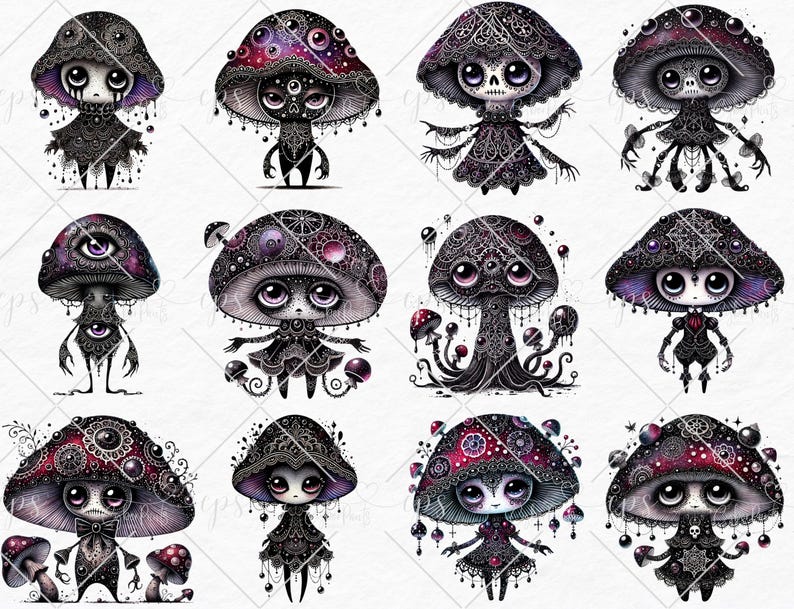 May include: A set of 10 digital illustrations of whimsical mushroom characters with intricate details and dark colors. Each mushroom has a unique design and expression, with some wearing clothing and accessories.