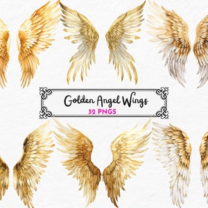 Clipart de asas de anjo dourado, clipart aquarela, asas de penas png, clipart de asas de fantasia, clipart do céu, download digital