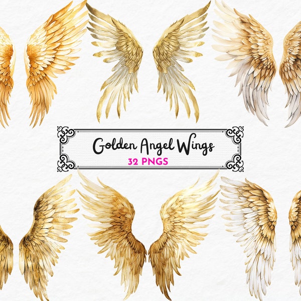 Golden Angel Wings Clipart, Watercolor clipart, Feather wings png, Fantasy Wings Clipart, Heaven Clipart, Digital Download