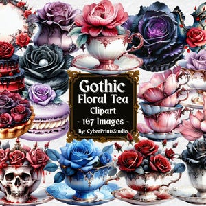 Clipart di tè floreale gotico: 167 PNG acquerellati con tazze da tè a forma di teschio, rose scure, torte, candele, macaron, teiere, cornici e cucchiai