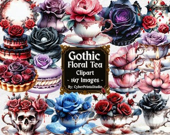 Gothic Floral Tea Clipart – 167 Watercolor PNGs with Skull Teacups, Dark Roses, Cakes, Candles, Macarons, Teapots, Frames, and Spoons