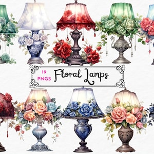 Watercolor Victorian Lamps Clipart - Floral Lamps antique lamp png watercolor PNG format instant download for commercial use